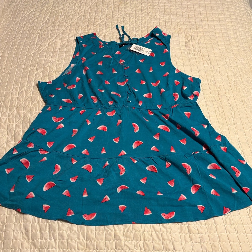 Torrid Teal Watermelon Print Rayon Slub Sleeveless Top Size 2 (18/20)